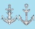 Vector set of stylized ship anchors. Linear Art. Collection of tattoos with an anchor.