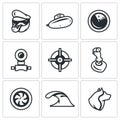 Vector Set of Submarine Icons. Captain, Boat, Radar, Periscope, Aim, Control, Torpedo, Dive, Sea Wolf.