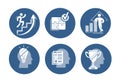 Vector set of success icons. Increasing graph with confident figure, running up career ladder, assembled puzzle with done tick, he