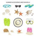 Vector set summer accessories and seashells