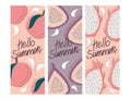 Vector set of summer greeting cards, banners, cover template hello summer, fruit. Peach, dragon, fig on hand-written Royalty Free Stock Photo