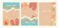 Vector set of summer postcards with starfish seashells Slippers and seaweed on the seashore. Summer background sandy beach with