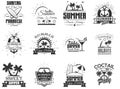 Vector set of summer season labels in vintage style. Design elements, icons, logo. Summer camp, beach holidays, tropical Royalty Free Stock Photo