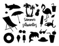 Vector set of summer silhouettes isolated on white background. Cute flat illustration for kids with palm tree, plane, sunglasses, Royalty Free Stock Photo