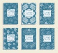 Vector set of summer vacation greeting cards. Hand drawn white sea objects on blue background Royalty Free Stock Photo