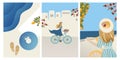 Vector Set Summer vacation theme and inspiration. Beautiful girl tourist and abstract place, village in Santorini, Spain, Greece