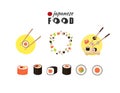 Vector Set of Sushi and Rolls, Japanese Food Icons Collection Isolated on White Background. Royalty Free Stock Photo