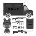 Vector set of swat, police gear. Swat bus, shield, helmet, shotg Royalty Free Stock Photo