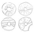 Vector set of sweet donuts. Collection of stylized baking. Black and white drawing. Linear Art. Cakes.