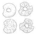 Vector set of sweet donuts. Collection of stylized baking. Black and white drawing. Linear Art. Cakes.