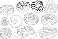 Vector set of sweet donuts. Collection of stylized baking. Black and white drawing. Linear Art. Cakes.