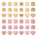 Vector set of sweets. White and pink chocolate candies of various shapes with nuts and pastry cream