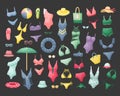 Vector set with swimwear, hats, sunglasses and accessories for the beach. Summer accessories