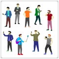 Vector set of taking selfie, holding smartphones and talking, texting and listening. People with mobile phones and smartphone