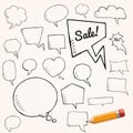 Vector set of talk and think bubbles with yellow pencil, group of doodle speech bubbles Royalty Free Stock Photo