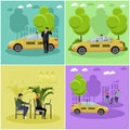 Vector set of taxi service company concept banners. People catch cab on a street. Call center.