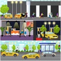 Vector set of taxi service company concept banners. People catch car on a street.