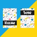 Vector set of templates for postcards. Valentine`s day. Doodle style. Space, stars, hearts, comet