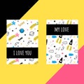 Vector set of templates for postcards. Valentine`s day. Doodle style. Space, stars, hearts, rocket, comet