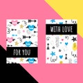 Vector set of templates for postcards. Valentine`s day. Doodle style. Stars, hearts, arrow