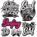 Vector set of templates on the theme of surfing with different elements for design and lettering