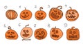 Vector set of ten crazy pumpkins with numbers from zero to nine / countdown to happy Halloween