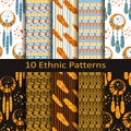 Vector set of ten seamless ethnic boho patterns with feathers