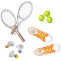 Tennis balls, tennis rackets, shuttlecocks for playing bodyminton and sports shoes. Tennis design over a white Royalty Free Stock Photo