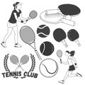 Vector set of tennis sport labels in vintage style. Tennis balls and rackets. Design elements, icons, logo. Royalty Free Stock Photo