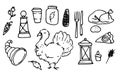 Vector set for Thanksgiving. hand-drawn in doodle style collection of isolated elements, turkey, corn, pie piece