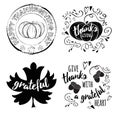 Vector set of Thanksgiving wishes with pumpkin, maple leaf, acorns in black colors