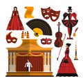 Vector set of theater object on white background. Design elements and icons in flat style. Mask, dress, stage