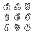 Vector set of thin line fruit icons. Apple, orange, strawberry, pineapple, cherry, lemon, pear, grape, peach. Flat illustration.