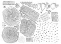 Vector set of thin line hand drawn textures. Lines, concentric circles, smears, waves, stars, dots, organic shapes. Hand drawn