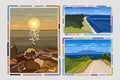 Vector set of three landscapes with simple frames. Summertime. Sunset. Seashore. Road to the sea. Royalty Free Stock Photo