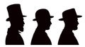 Profile silhouettes of handsome young men wearing three different vintage hats and clothes.