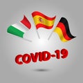 Vector three waving flags of italy spain germany on silver pole - european icon with red 3d text title coronavirus covid-19