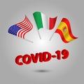 Vector three waving flags of usa italy spain on silver pole - american italian spanish icon with red 3d text title coronavirus