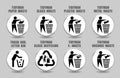 Vector set of tidy man icons with plastic, glass, paper, metal, organic, battery waste management signs. Trash, litter, rubbish