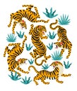 Vector set of tigers and tropical leaves. Trendy illustration.