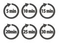 Vector set of timer icons. Different time interval icons. Six vector icon with minutes