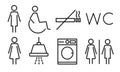 Vector set of toilet linear signs. Restroom icons. Shower, no smoking, washing machine, disabled access, WC icons Royalty Free Stock Photo