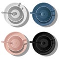 Vector set of top view ceramic coral, blue, black, white cups on saucers with spoon