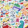 Vector set with toys icons. Pattern for kindergarten, little children. Kids playing. Royalty Free Stock Photo