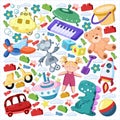 Vector set with toys icons. Pattern for kindergarten, little children. Kids playing. Royalty Free Stock Photo