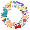 Vector set with toys icons. Pattern for kindergarten, little children. Kids playing. Royalty Free Stock Photo