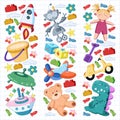 Vector set with toys icons. Pattern for kindergarten, little children. Kids playing. Royalty Free Stock Photo