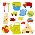 Vector set of toys for playing in the sandbox. Sand castles, bouncy balls for the sea. Children's bucket and watering Royalty Free Stock Photo