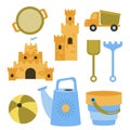 Vector set of toys for playing in the sandbox. Sand castles, dump truck, sieve, bouncy balls for the sea. Baby bucket Royalty Free Stock Photo