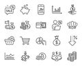 Vector set of Trade infochart, Discounts bubble and Money bag line icons set. Vector